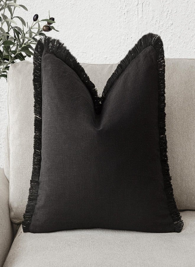 Foindtower Decorative Linen Fringe Throw Pillow Covers Cozy Boho Farmhouse Cushion Cover with Tassels Soft Accent Pillowcase for Chair Sofa Bed Living Room Home Decor, 18×18 Inch, 1PC, Black - Image 1